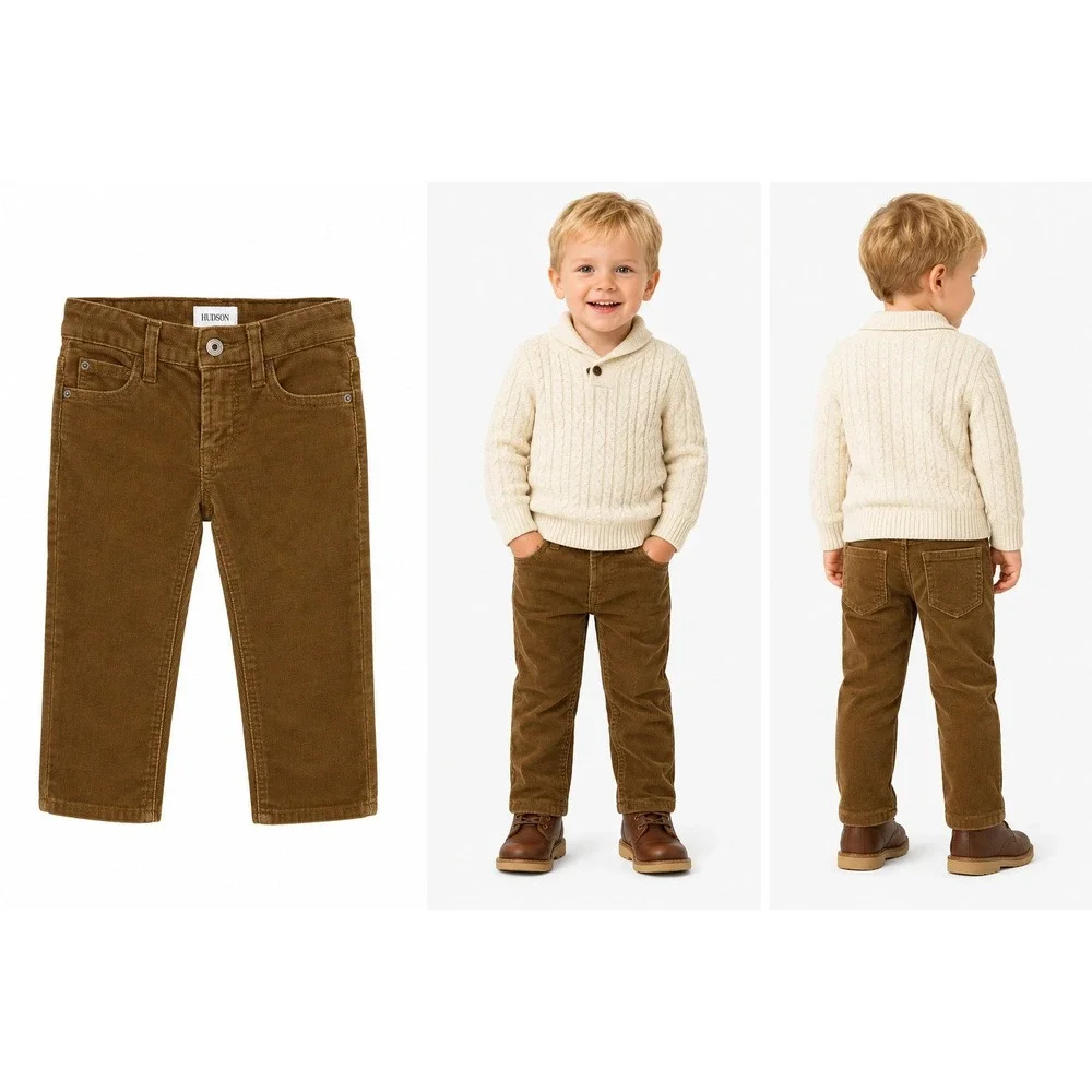 Hudson Boys 2T Brown Corduroy Pants Straight Leg Cotton Stretch Adjustable Waist